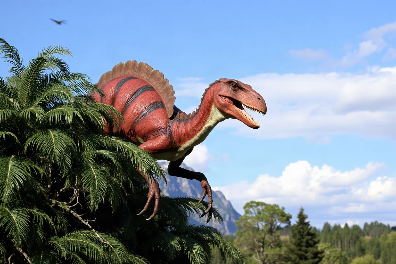 A Therizinosaurus with extremely long curved claws reaching into foliage