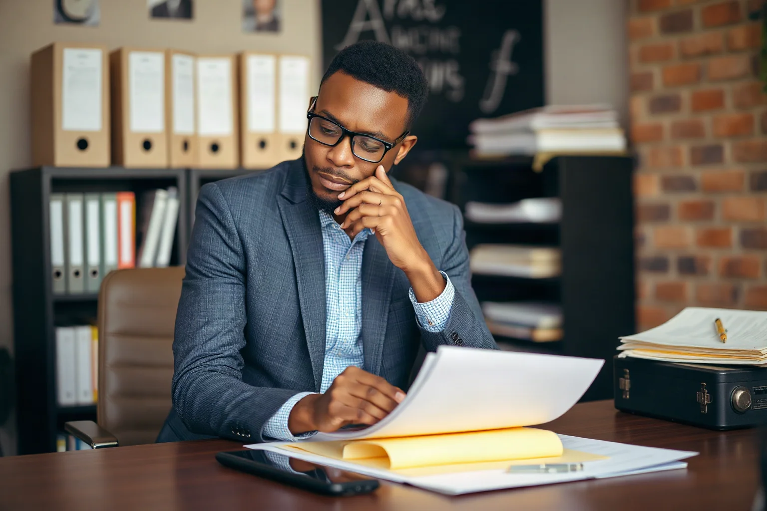 A thoughtful Black man in a suit organizing papers at a desk covered with march planning materials