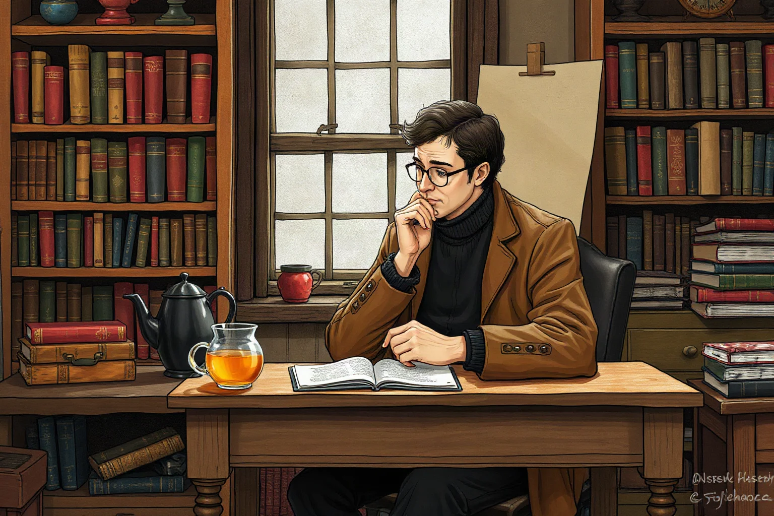 A thoughtful Eastern European poet writing at a modest desk surrounded by books and a cup of tea, illustrative style