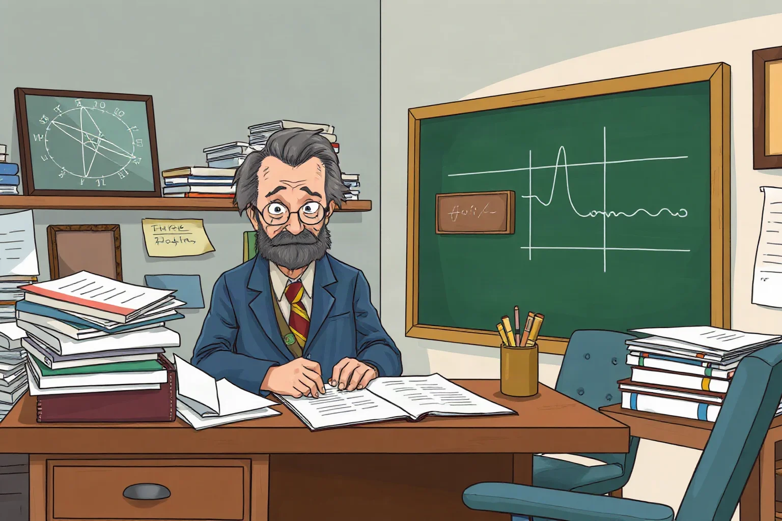 A thoughtful illustrated portrait-style scene of a cluttered physicist's study desk with papers and a chalkboard, no identifiable real person
