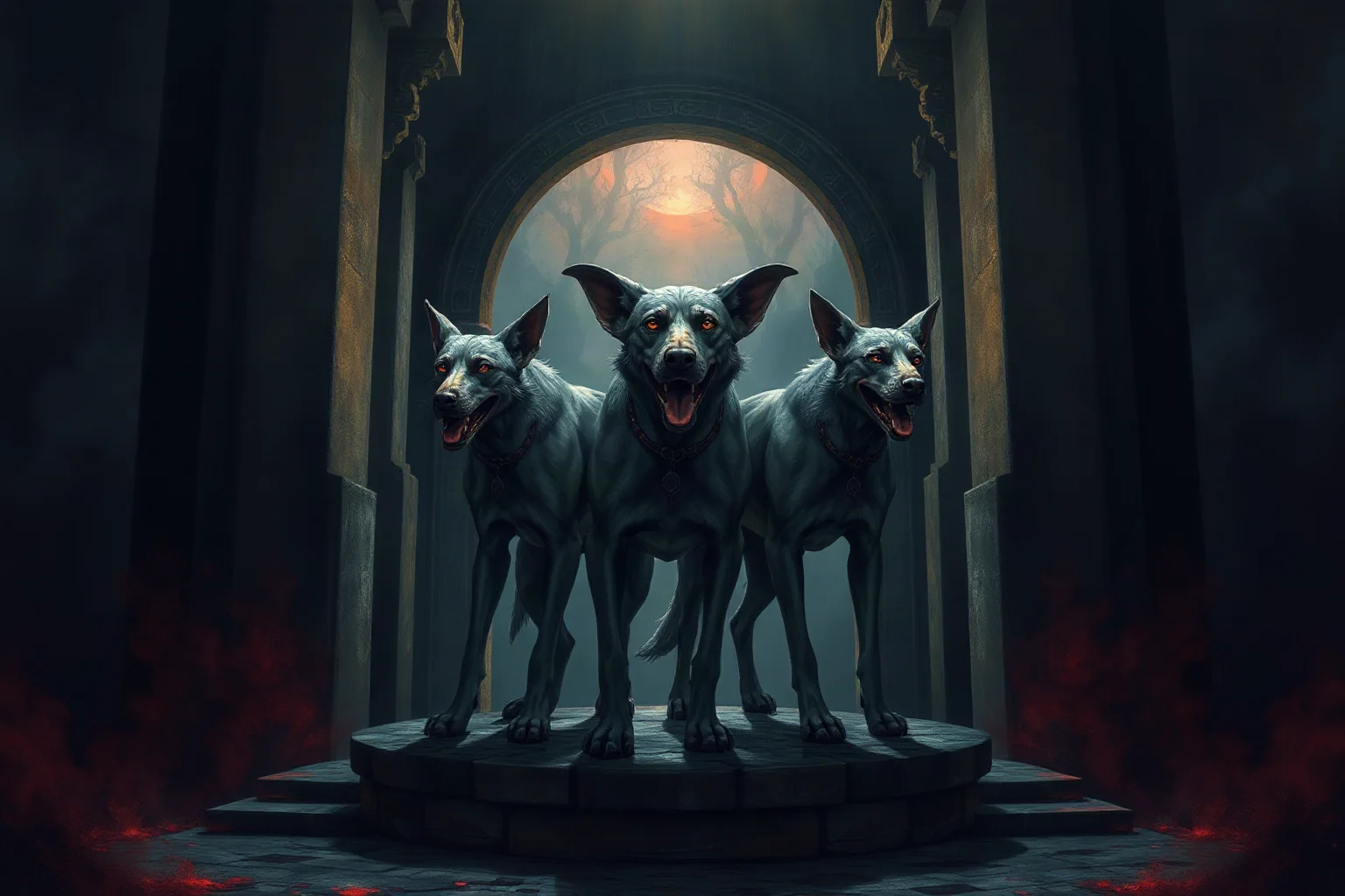 A three-headed hound guarding a shadowy underworld gate, mythological art style