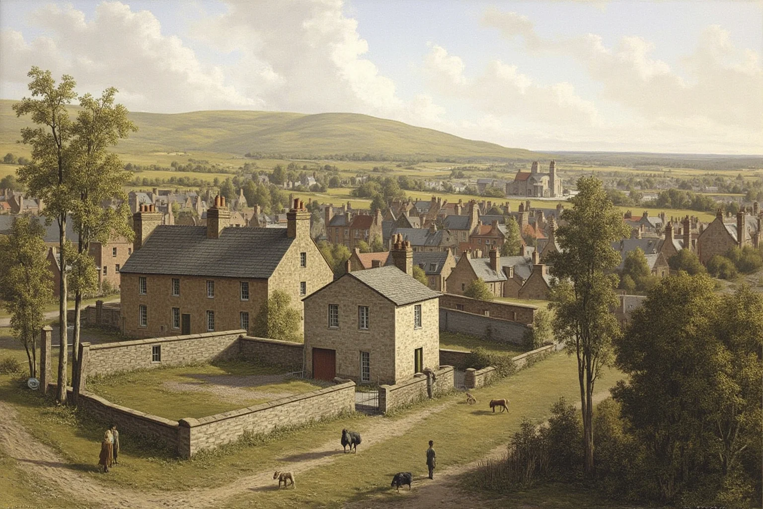A tidy Scottish mill town with worker cottages and a small schoolhouse, early 1800s style