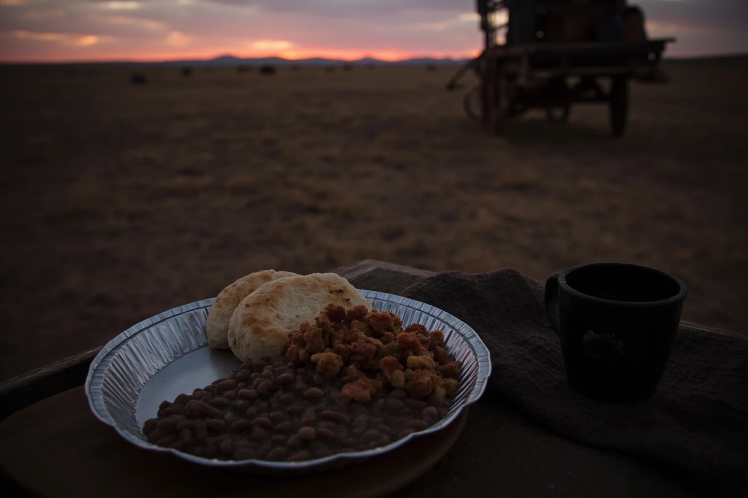 A tin plate with beans, biscuits, and a cup of black coffee beside a chuckwagon at dusk