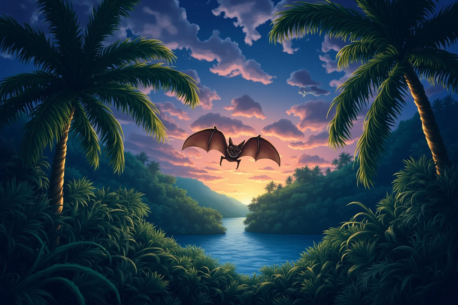 Recently Extinct Animals: A Complete List From the Last 10–20 Years 15 A tiny bat in flight over a tropical island forest canopy at dusk, illustrative wildlife art style