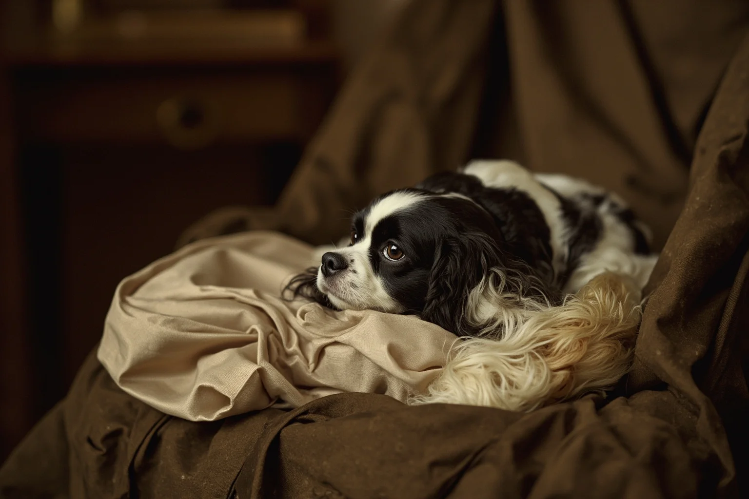 Pooches of the Past: 23 Extinct Dog Breeds and Their Stories 22 A tiny elegant spaniel curled on a silk cushion in an English drawing room, 18th-century portrait style
