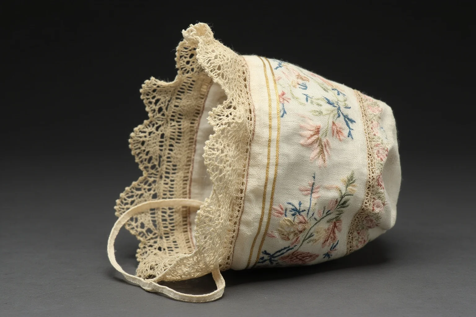 A tiny embroidered baby bonnet with vintage lace, styled like an early 20th-century keepsake