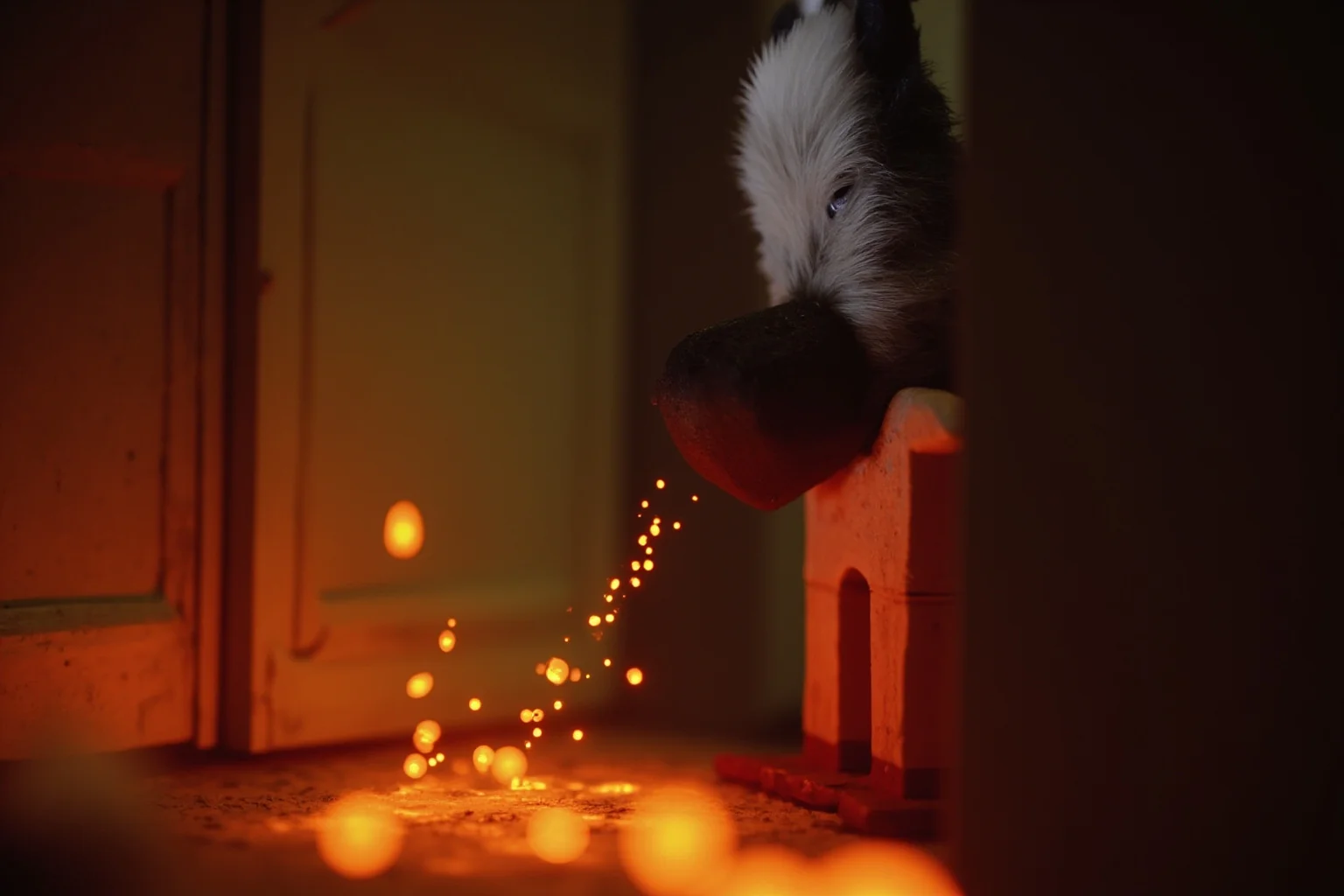 A tiny whimsical door-keeper figure sorting fast and slow glowing particles between two chambers