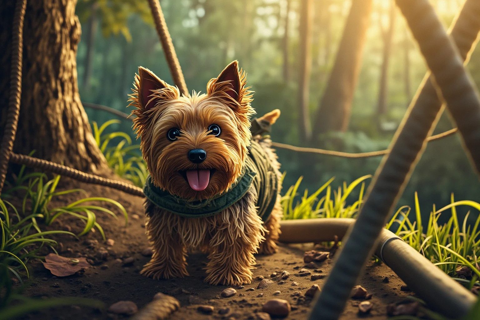 22 Animal Heroes Who Changed Human History 17 A tiny Yorkshire Terrier next to a military telegraph wire and pipe in a jungle camp, illustrative style