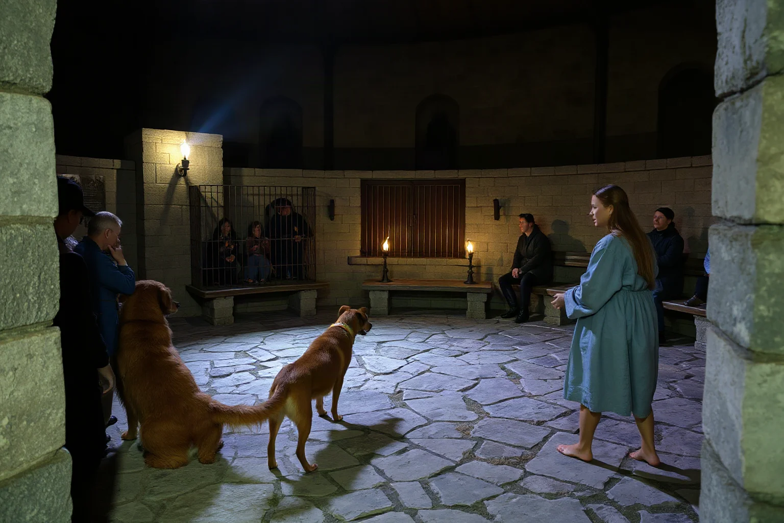 A torch-lit stone arena with a caged animal facing dogs, onlookers in medieval and renaissance dress watching from stone benches