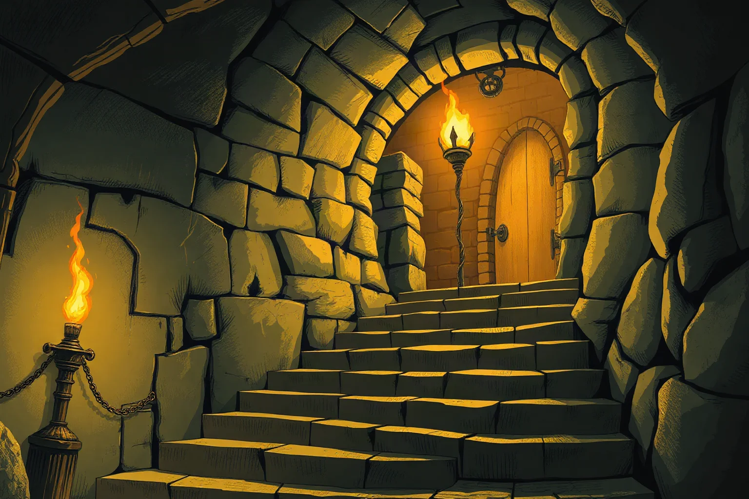 A torch-lit stone staircase descending into a sealed ancient tomb entrance, illustrative style