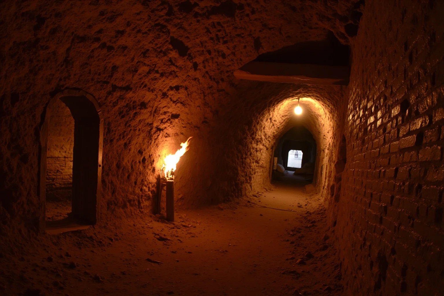 A torch-lit underground chamber and tunnel inside the Derinkuyu underground city
