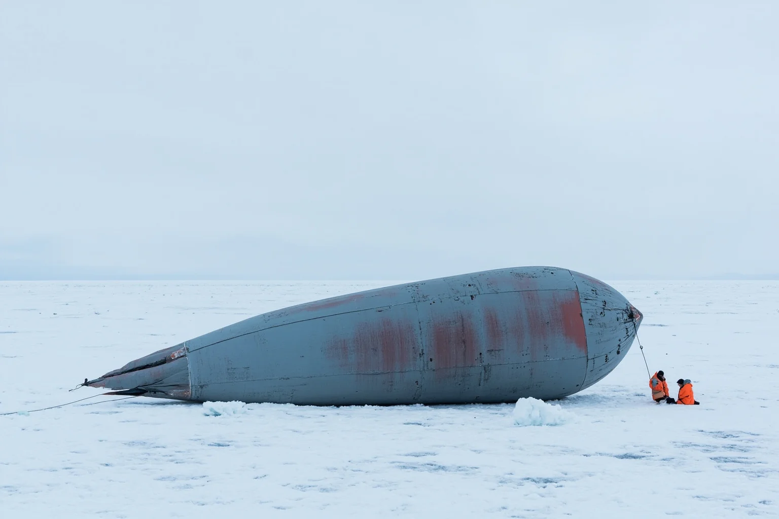 A torn hydrogen balloon resting on a snowy ice field with two small figures nearby, evoking a failed expedition