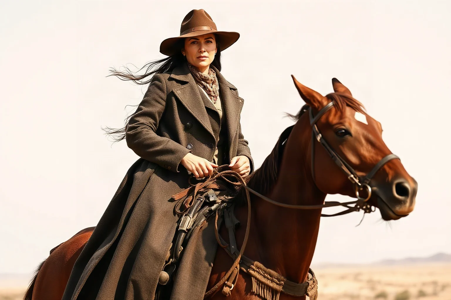 A tough frontier woman on horseback wearing a long coat and wide-brimmed hat
