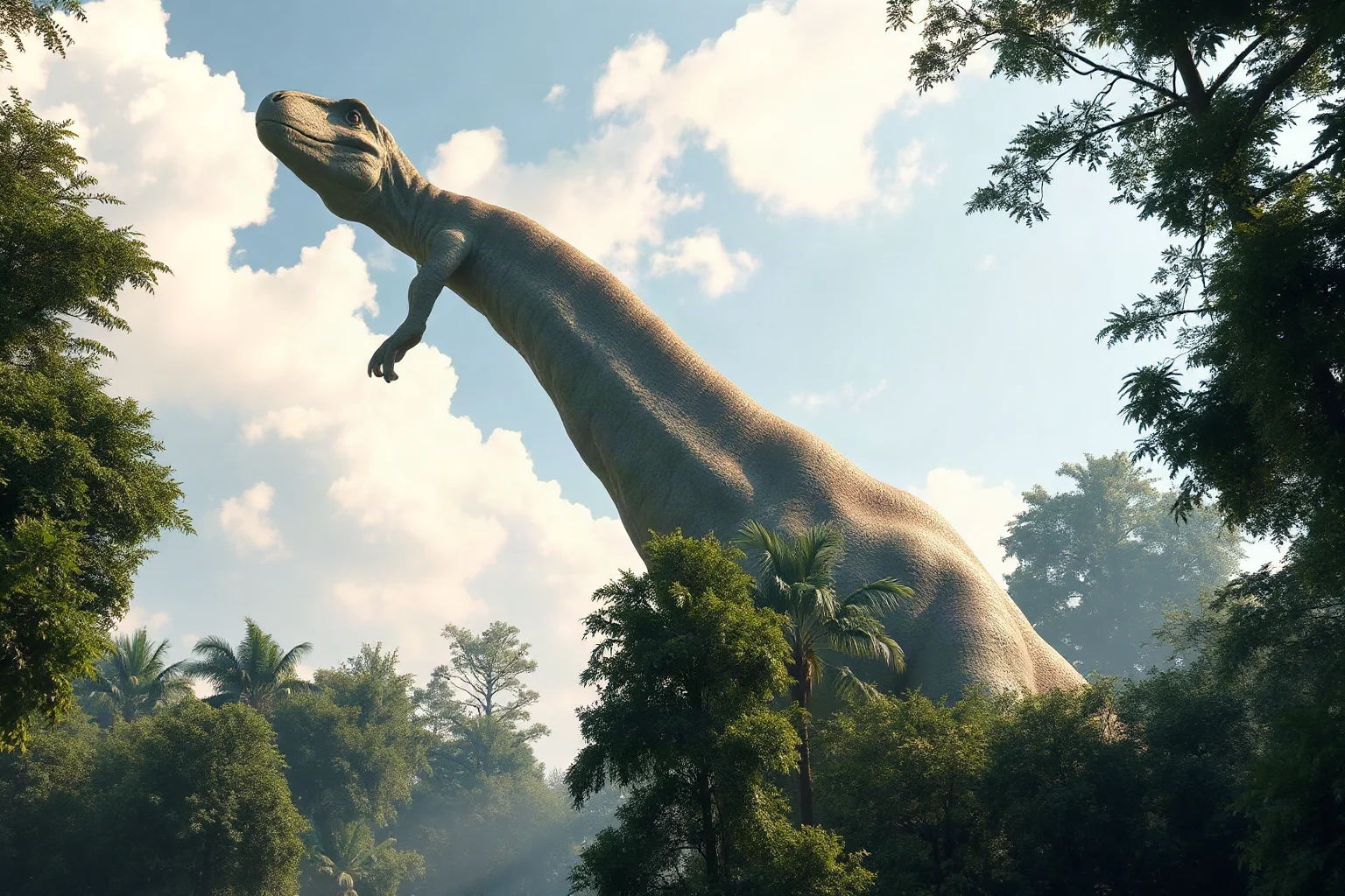 A towering Brachiosaurus reaching into treetops in a lush Jurassic forest, peaceful scene, realistic paleoart style