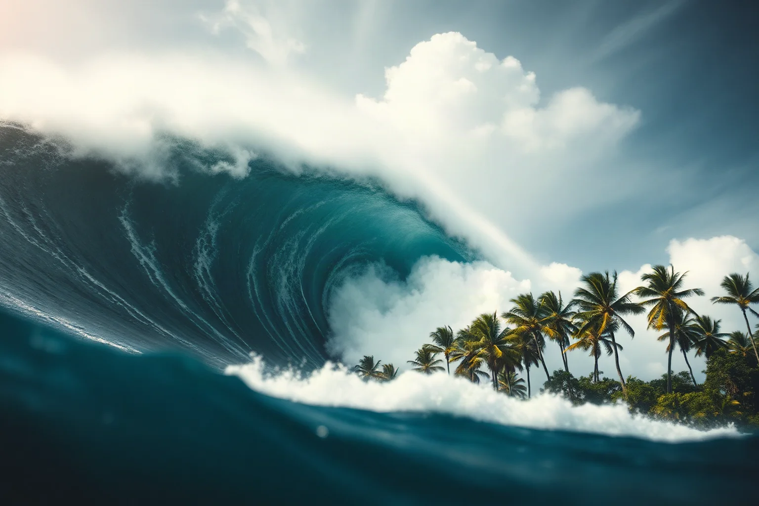 A towering tsunami wave approaching a tropical coastline lined with palm trees, dramatic and cinematic but respectful in tone