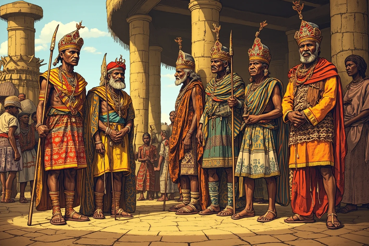 A traditional African royal court scene in a Swazi kingdom setting with ceremonial regalia and elders, illustrative art style