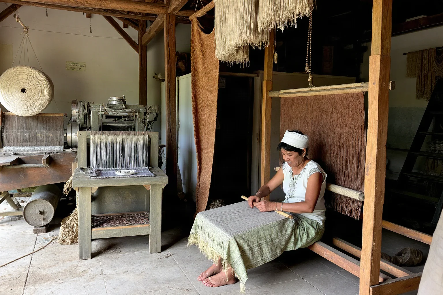 A traditional hand-weaver working at a loom next to an idle mechanized textile mill