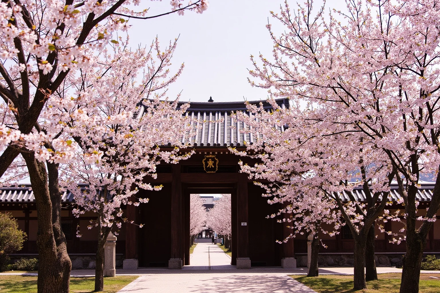 A traditional Japanese imperial palace gate framed by cherry blossom trees