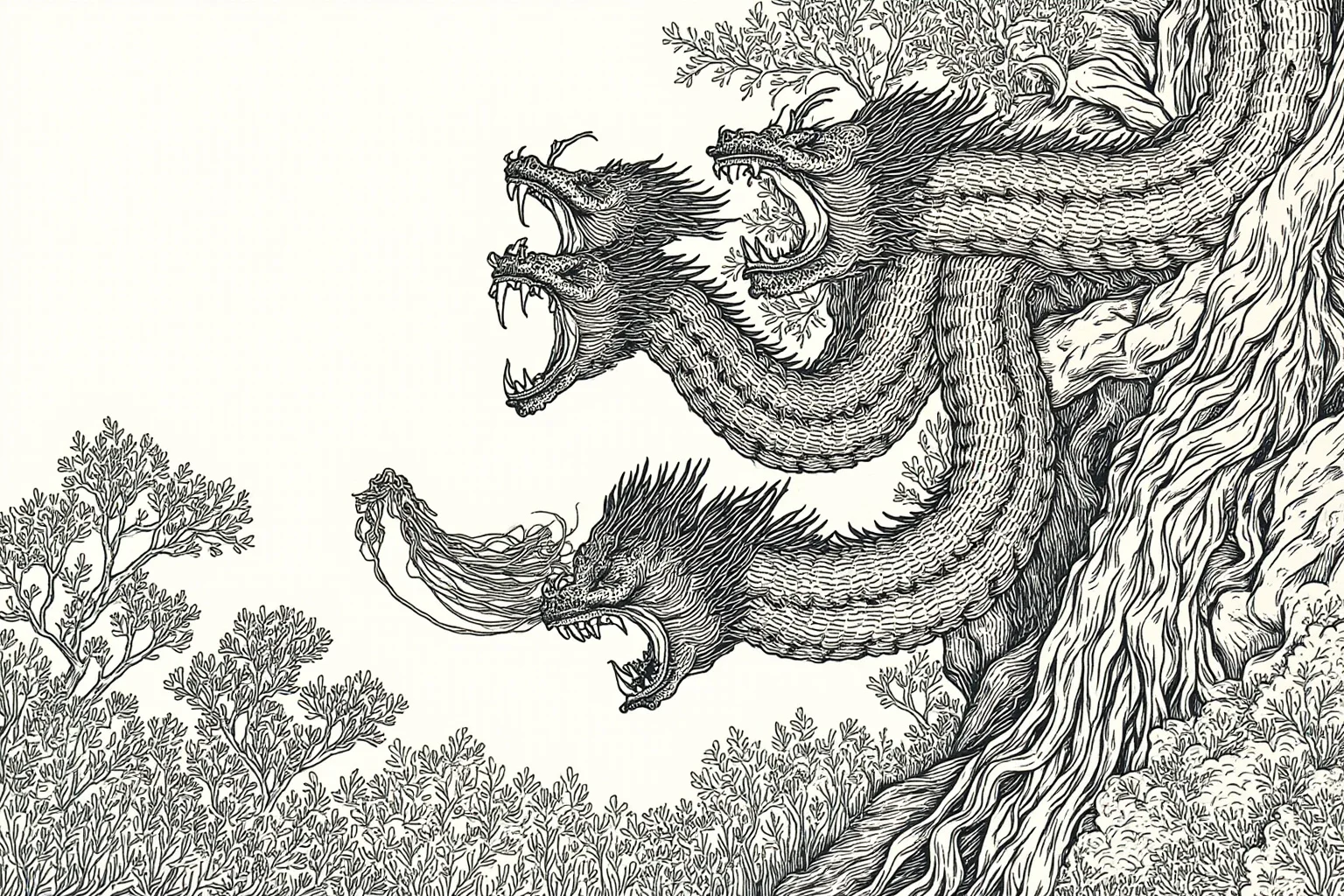 Famous Dragons Throughout History: Myths, Legends, and the Real Stories Behind Them 16 A traditional Japanese ink-style illustration of an eight-headed serpent dragon coiled around a forest