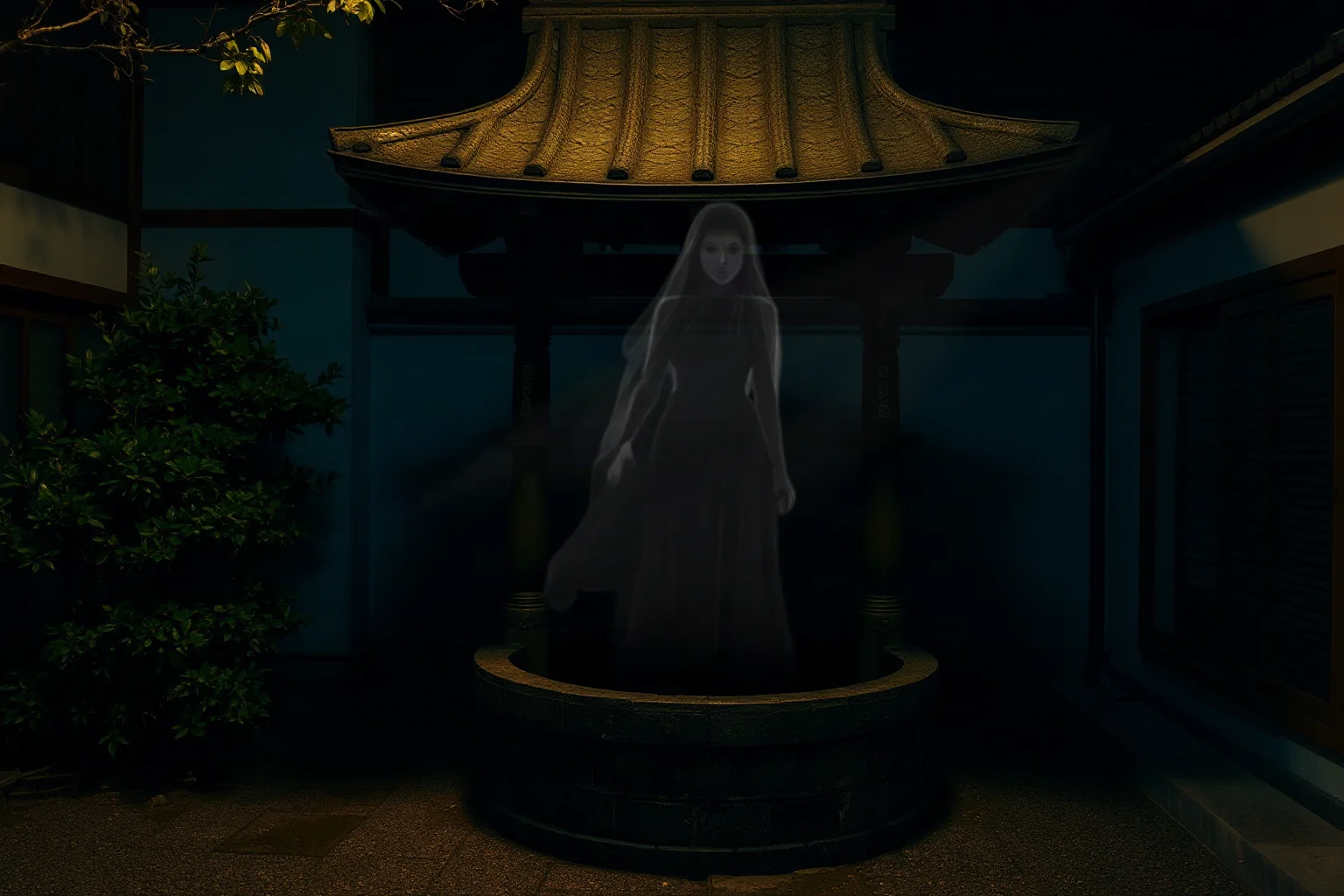 A traditional Japanese well in a dim courtyard at night with a faint ghostly female silhouette rising from it, subtle and eerie