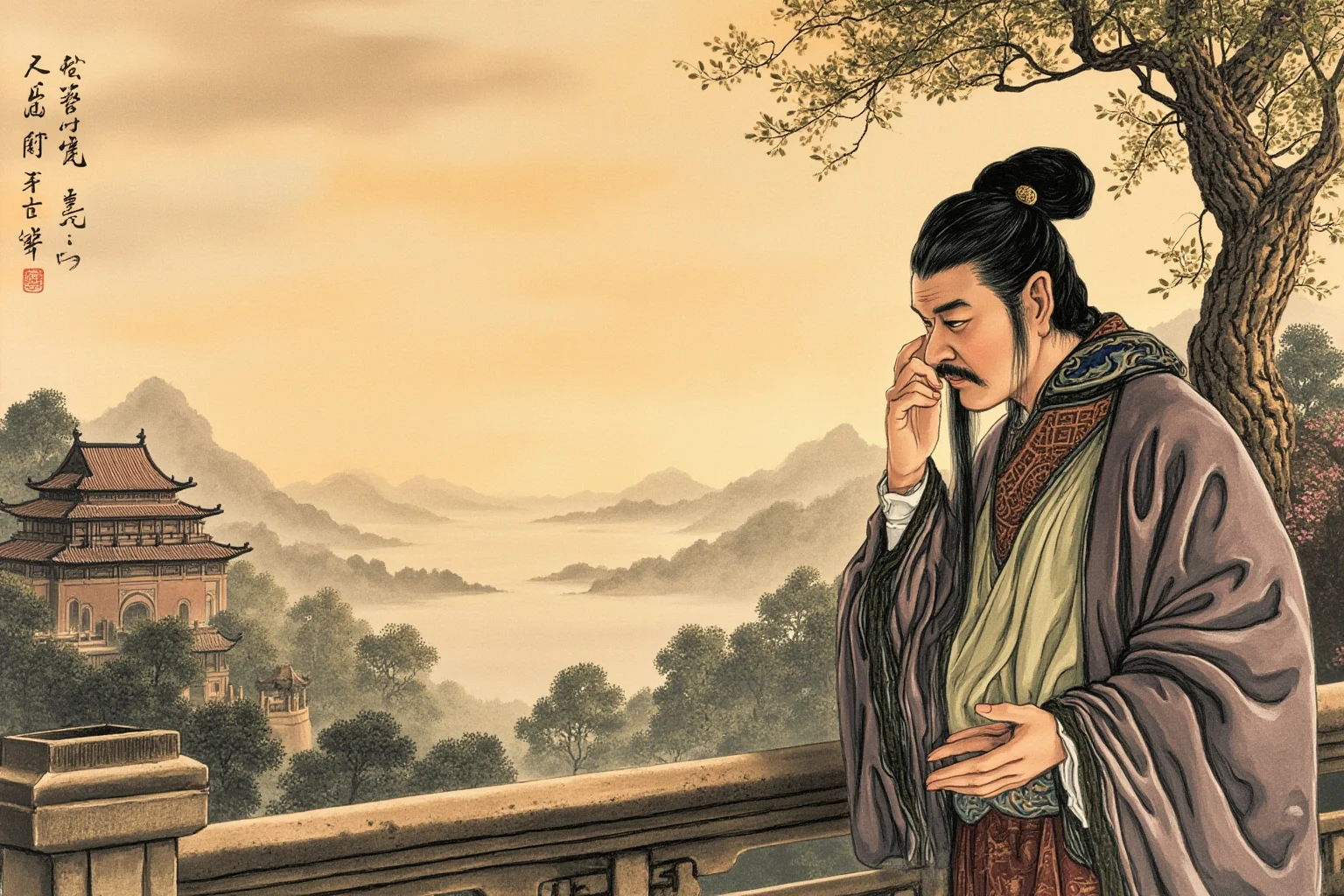 Historical Figures Who Died Of A Broken Heart 4 A traditional-style Chinese ink painting of an emperor gazing sorrowfully over a palace garden at dusk