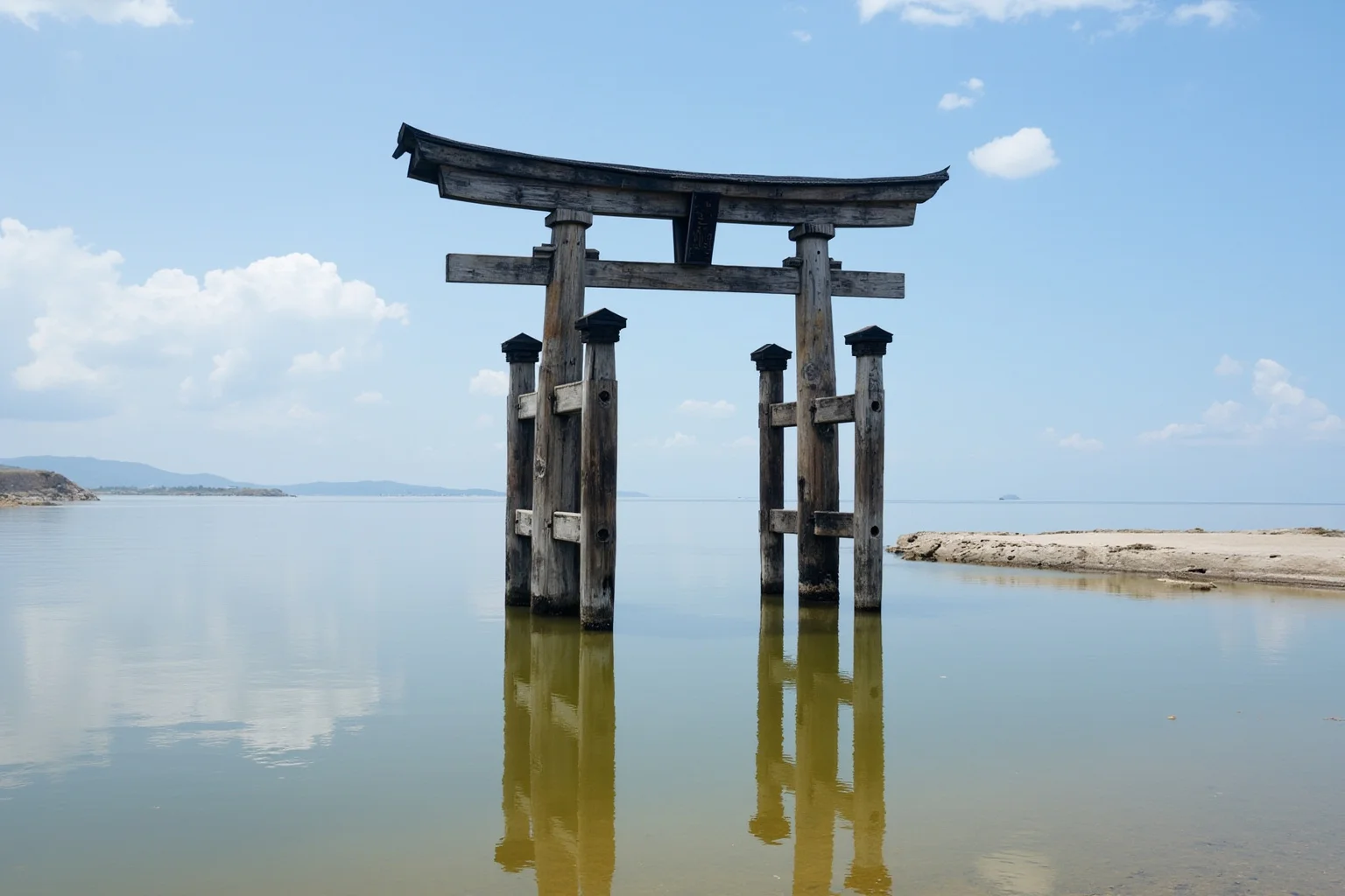A traditional wooden torii gate standing in shallow tidal water