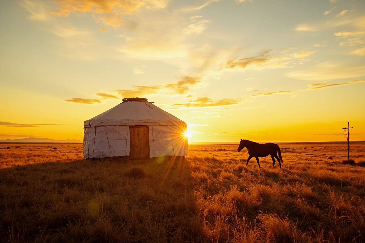 A traditional yurt and horse in a Central Asian steppe landscape at sunset, cultural illustration