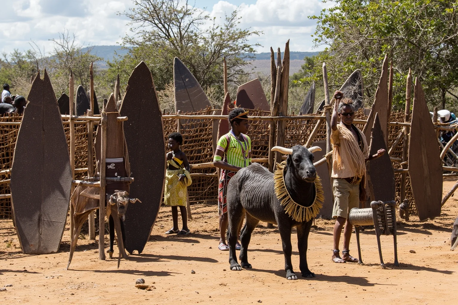 A traditional Zulu royal kraal with ceremonial shields and cultural regalia