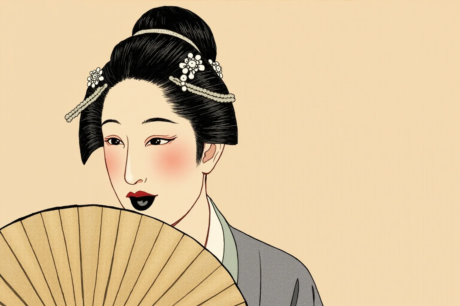A traditionally dressed Japanese woman from the Edo period with a hand fan, elegant historical illustration, black teeth stylized subtly