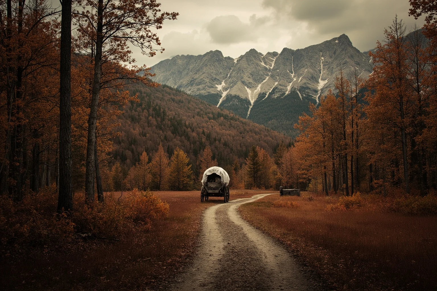 21 Beloved Historical Figures Who Are Controversial Today 6 A trail winding through autumn woods with a faded historical wagon and mountains, symbolic of a forced 19th-century migration, somber tone