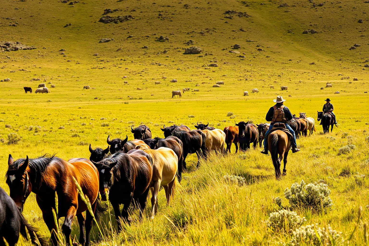 A trail-worn cattle drover on horseback leading a long cattle herd north across grassland