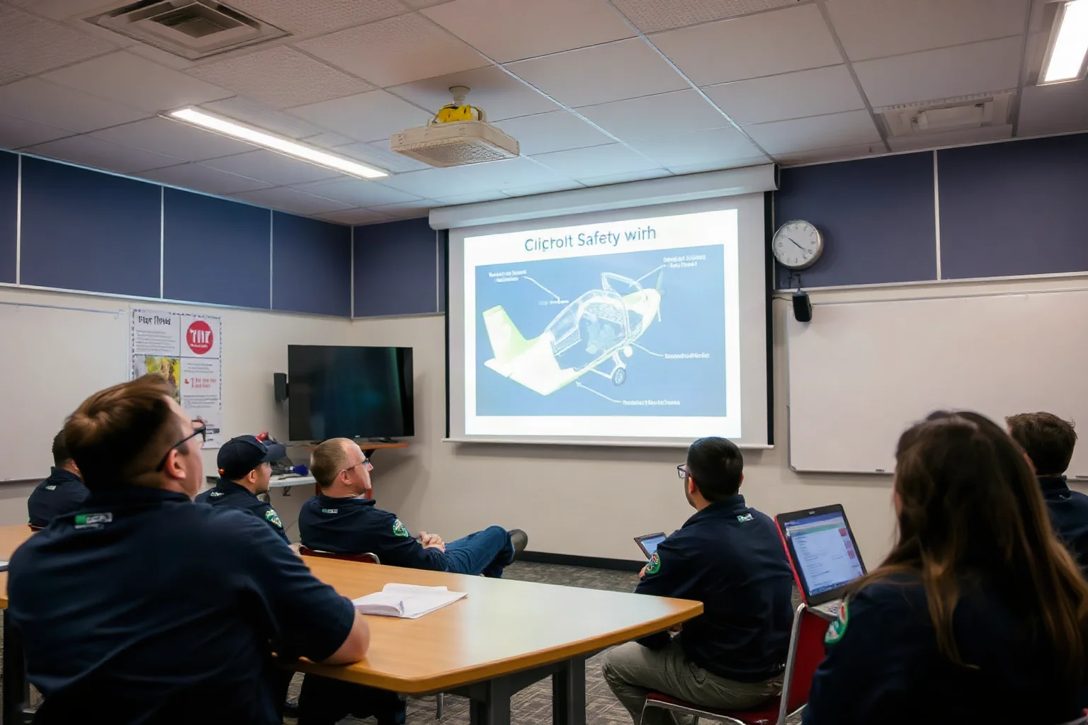 A training classroom with aviation cadets watching a cockpit safety diagram on a projector screen