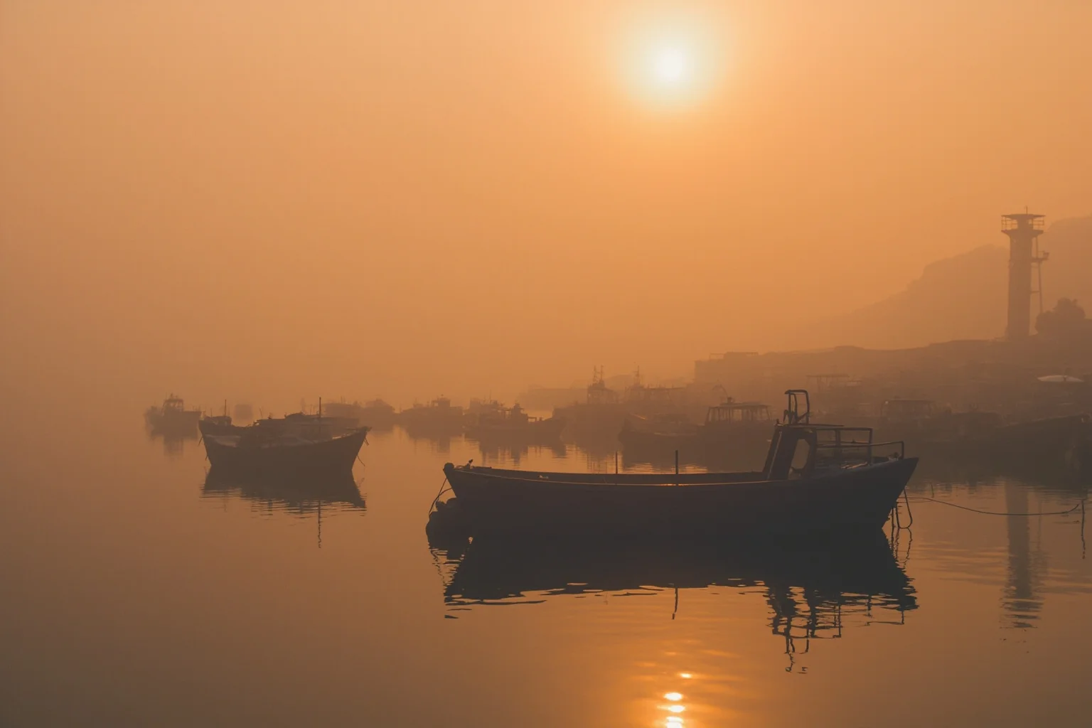 Amazing Facts About Claude Monet: His Life and 10 Greatest Paintings 12 A tranquil harbor scene at sunrise with soft orange light, small fishing boats, and hazy reflections on the water