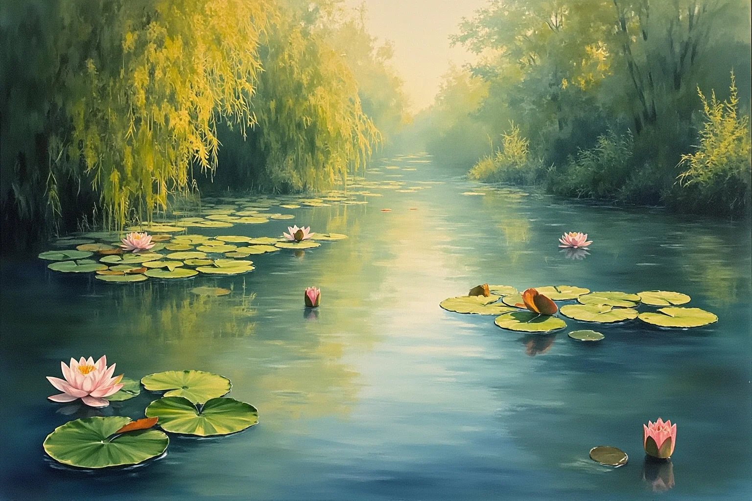 Amazing Facts About Claude Monet: His Life and 10 Greatest Paintings 14 A tranquil pond filled with water lilies and soft reflections of willow trees, painted in dreamy impressionist style