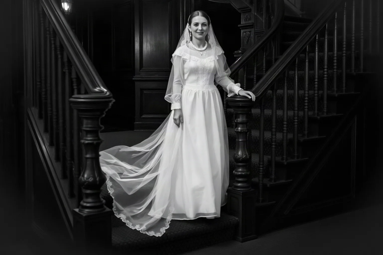 A translucent Victorian lady descending an ornate wooden staircase, faint glowing outline, black and white vintage photograph style