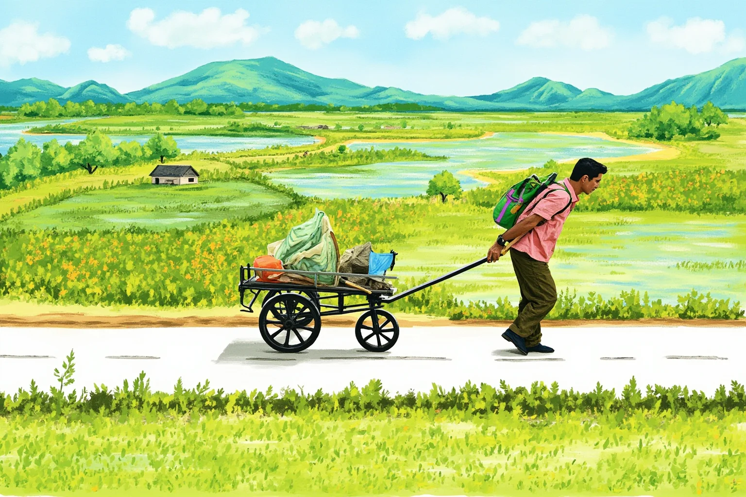 Longest Journeys Ever Undertaken On Foot 12 A traveler pushing a small wheeled cart along a rural road through multiple international landscapes, colorful illustrative style