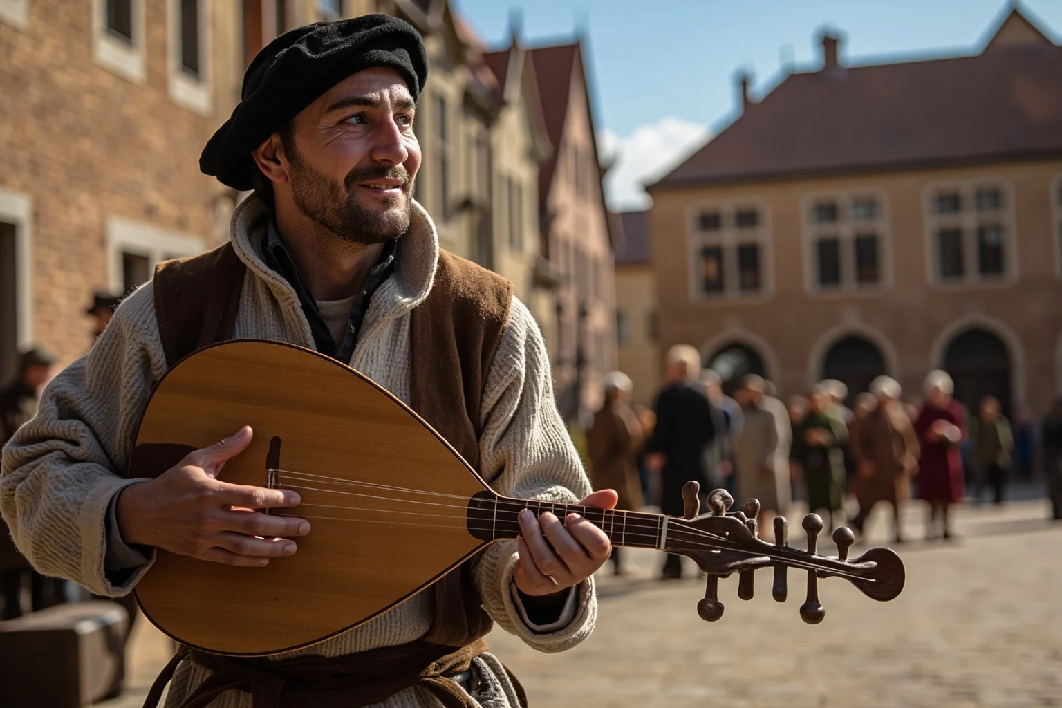 A traveling medieval minstrel playing a lute in a village square while people gather to listen