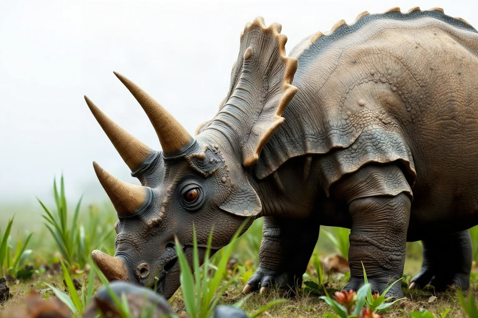 A Triceratops peacefully grazing on low vegetation with its horns and frill visible, calm scene, realistic paleoart style