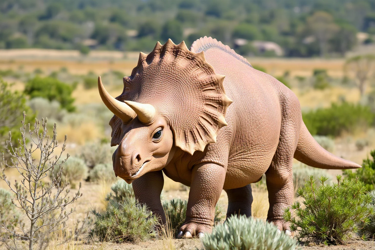 A Triceratops with a large bony frill and two brow horns grazing on low shrubs in an open plain