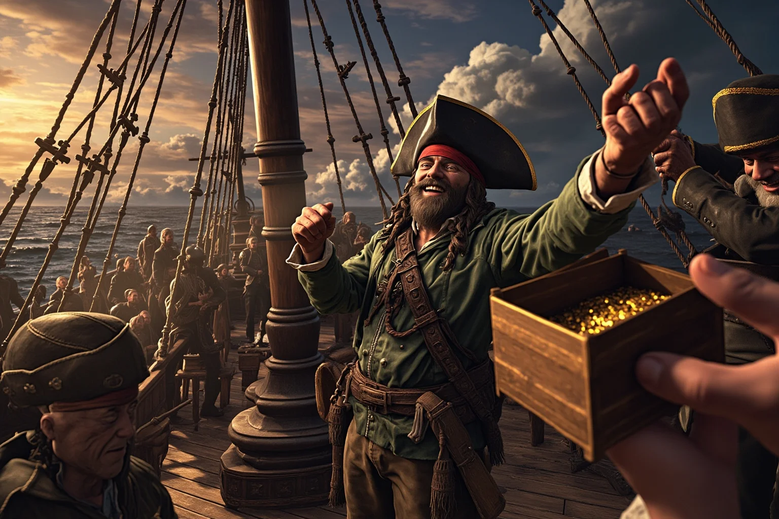 A triumphant pirate captain counting captured treasure on a ship deck, historical illustration style