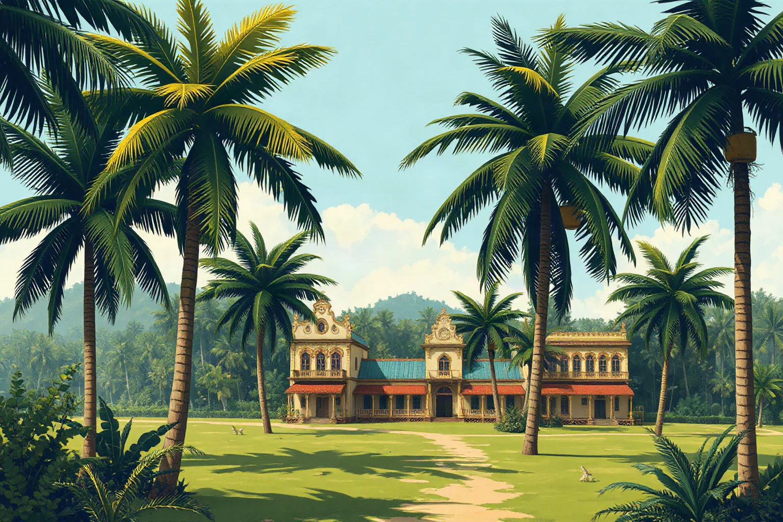 A tropical colonial-era illustration of a Dutch East Indies plantation town with palm trees and colonial buildings