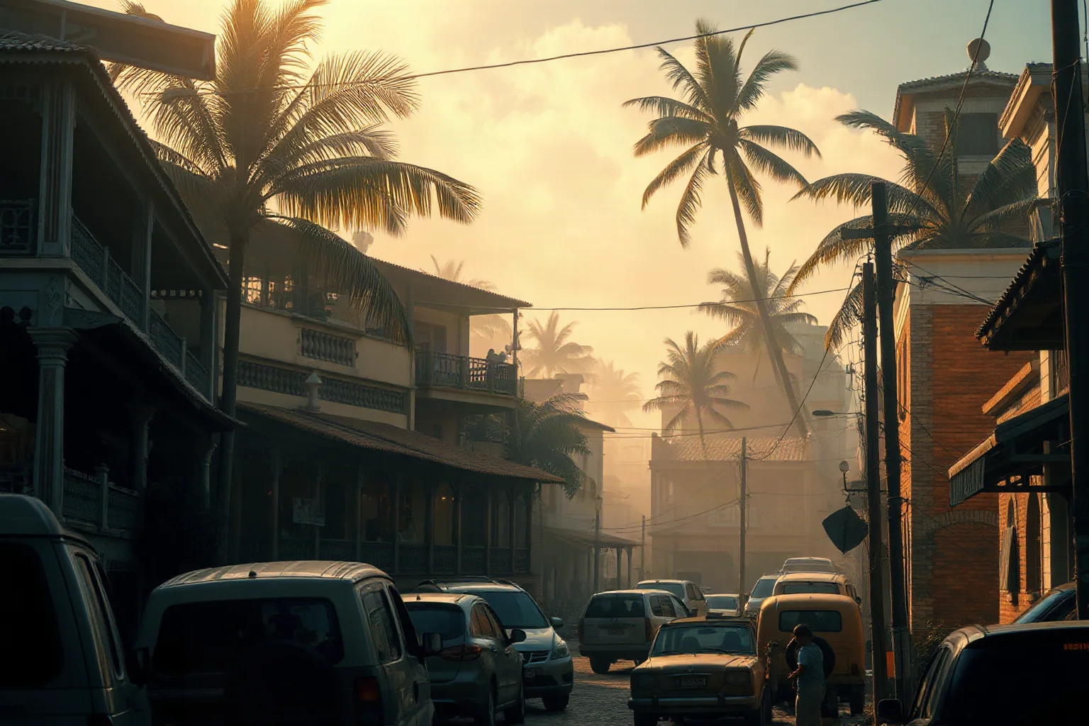 A tropical colonial-era port town scene evoking historical yellow fever outbreaks, warm hazy lighting