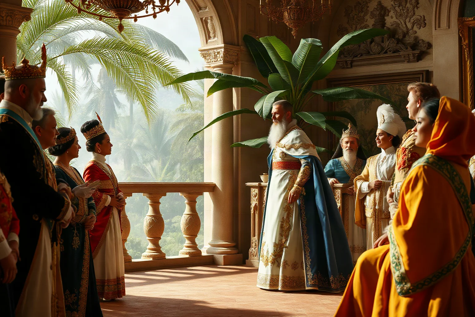 A tropical royal court scene with an emperor in Habsburg-style dress addressing dignitaries