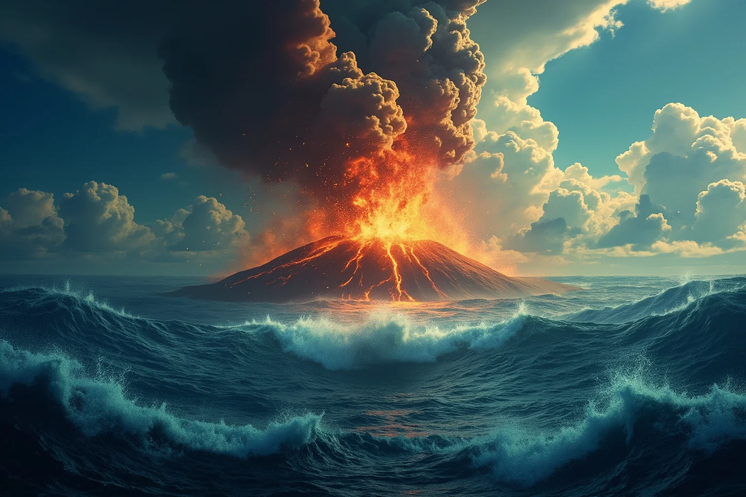 A tropical volcanic island erupting violently with tsunami waves radiating outward