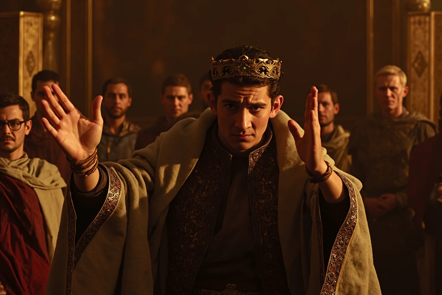A troubled young emperor in ornate robes displaying erratic behavior in a luxurious palace setting, with nervous guards and senators in attendance