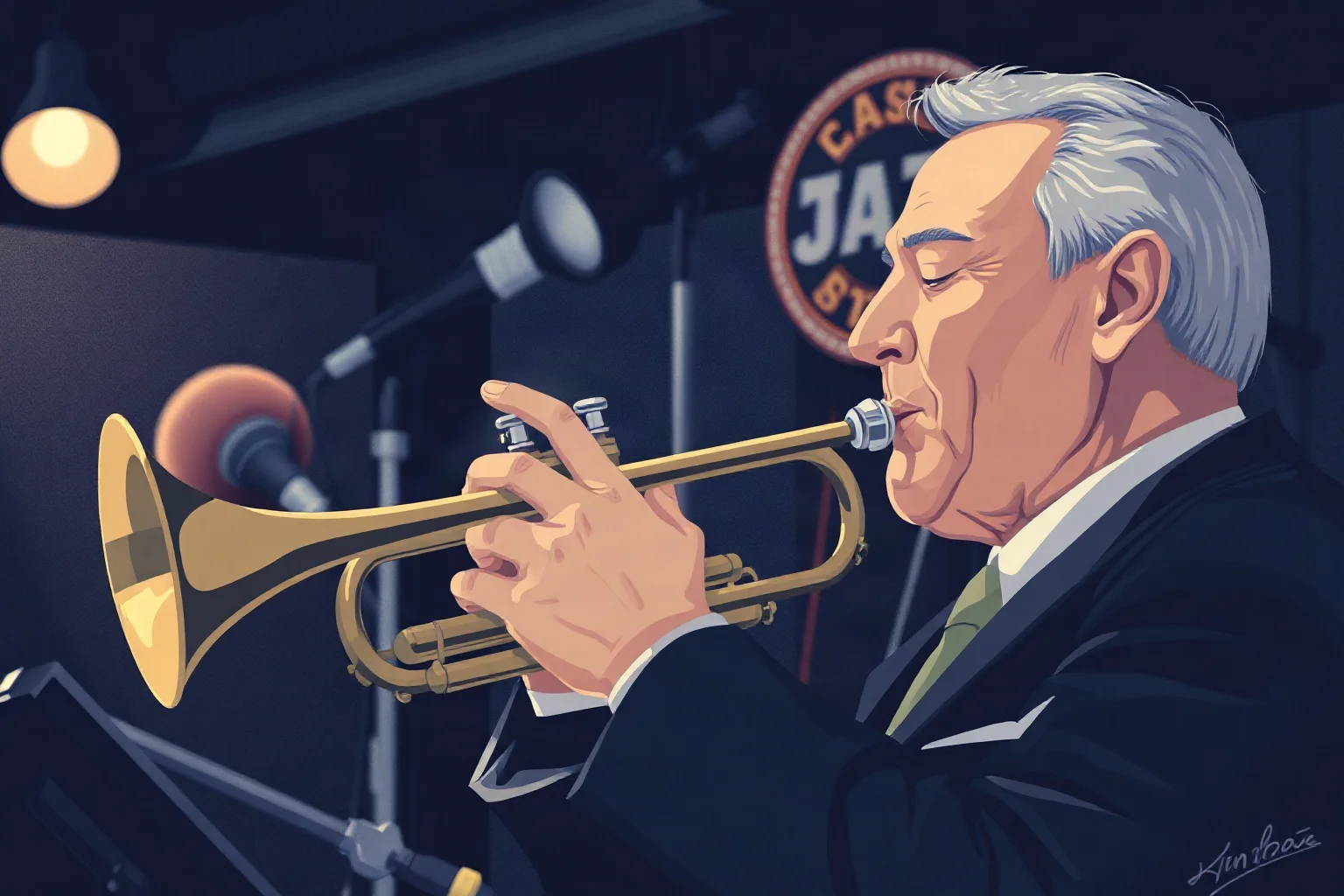 A trumpeter playing softly with closed eyes on a dim West Coast jazz club stage, cool-toned illustration