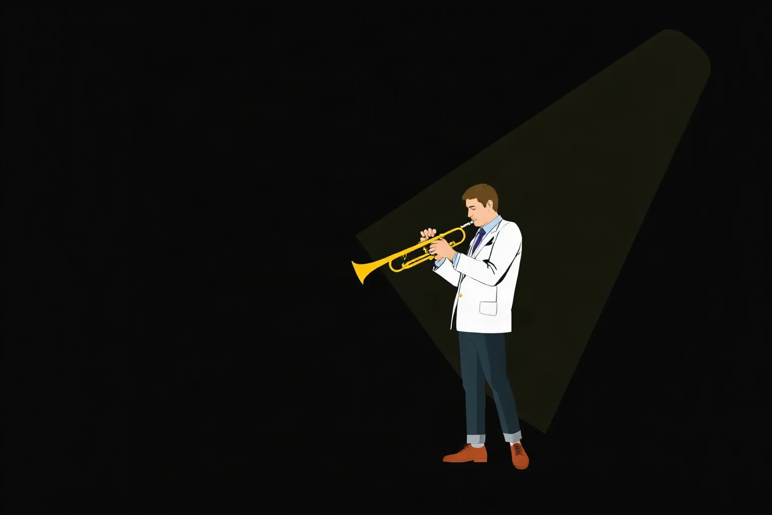 A trumpeter standing thoughtfully on a dark stage, minimalist 1959-style jazz album cover illustration