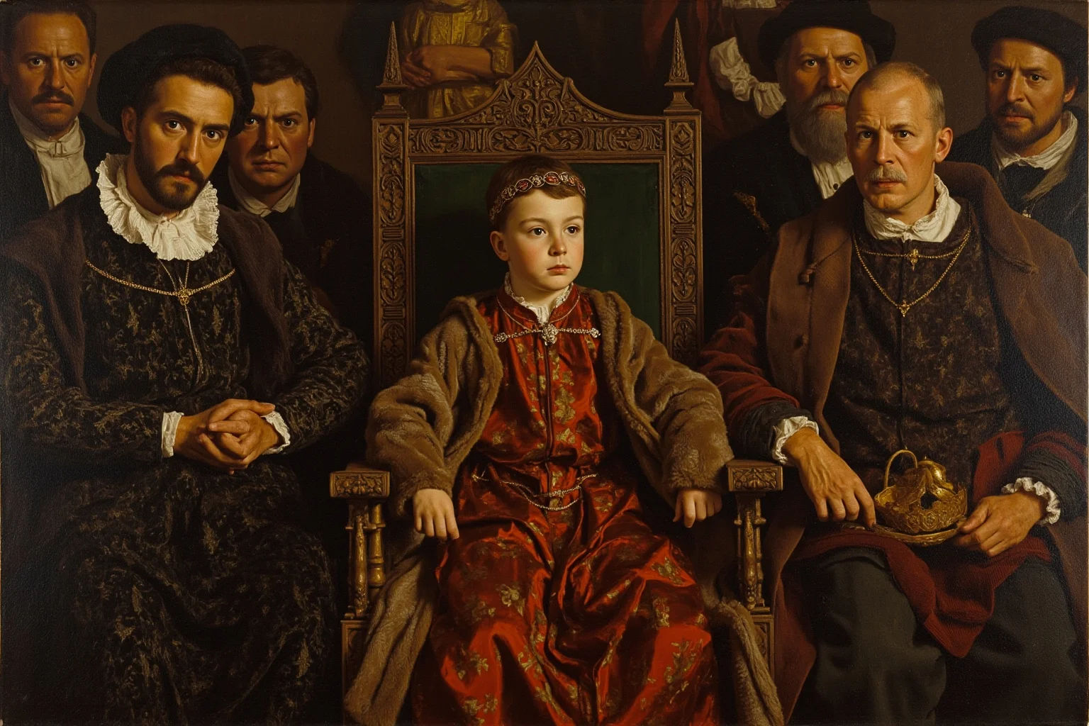 A Tudor-era English palace scene with a nine-year-old in royal robes seated on a throne surrounded by councilors, oil painting style