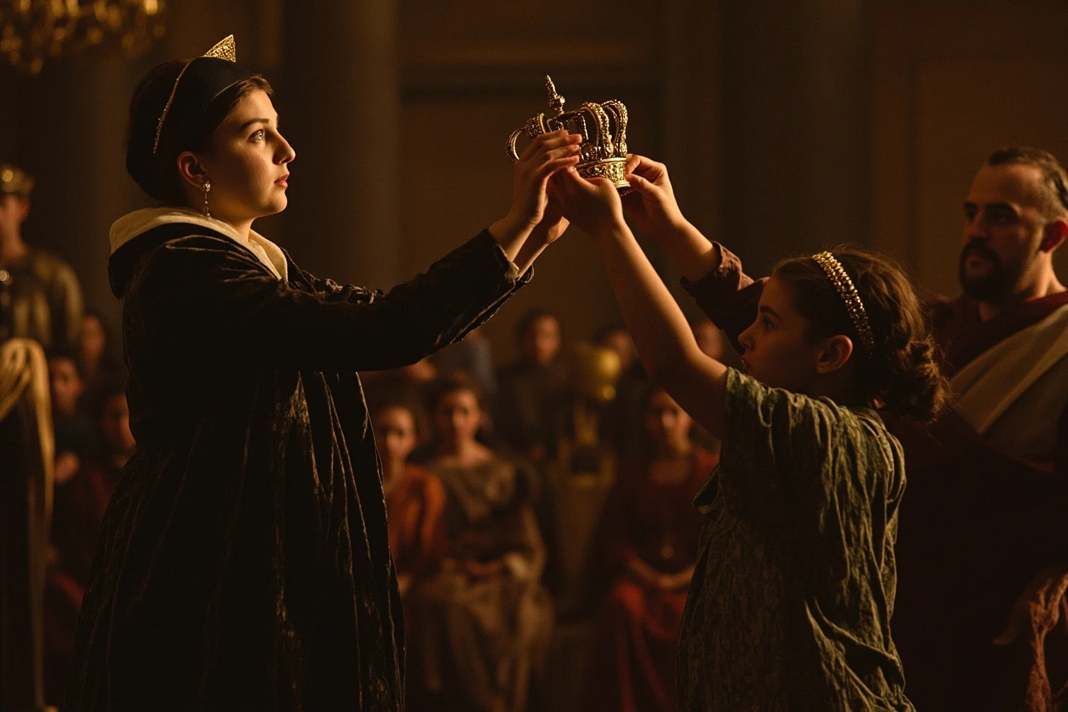 A Tudor-era English scene depicting a solemn young noblewoman being presented with a crown in a great hall, dramatic oil painting style