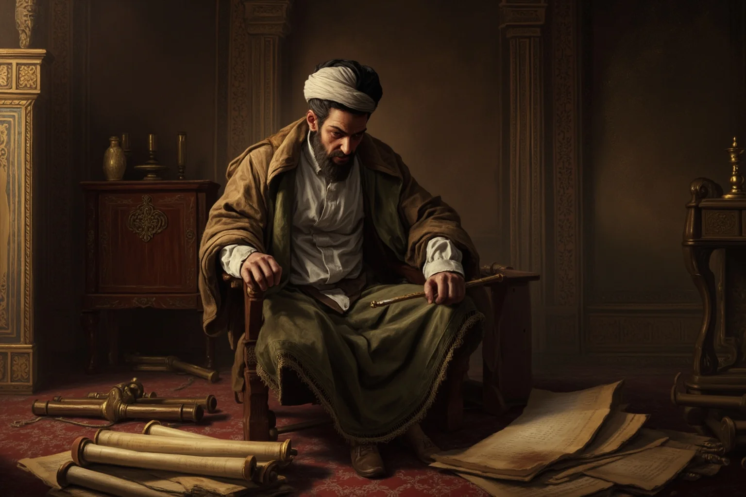 Philosophers Everyone's Heard Of, and 20 Everyone Forgot About 6 A turbaned medieval philosopher seated among scrolls in an ornate Persian study, deep in thought
